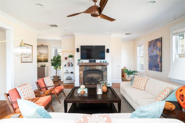 Fireplace, Interior, Living room, Recessed Lighting, Wood Texture Flooring