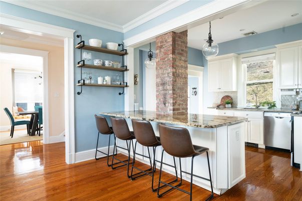 Dining room, Interior, Kitchen, Pendant Lights, Wood Texture Flooring