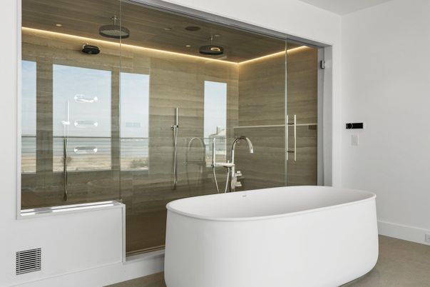 Bathroom, Free Standing Baths, Glass Shower, Interior, Recessed Lighting