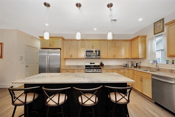 Interior, Kitchen, Pendant Lights, Recessed Lighting, Stainless Steel Appliances, Wood Texture Flooring