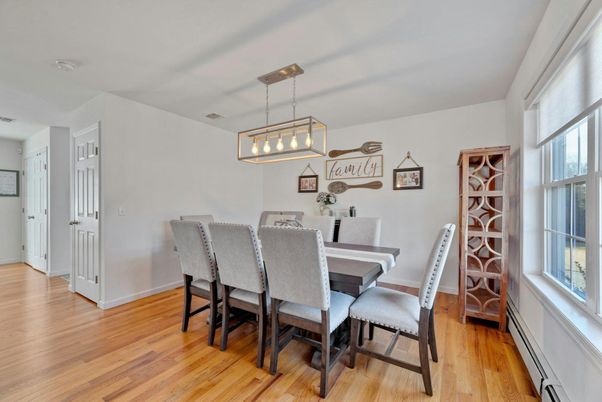Dining room, Interior, Pendant Lights, Wood Texture Flooring