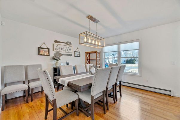 Dining room, Interior, Pendant Lights, Wood Texture Flooring