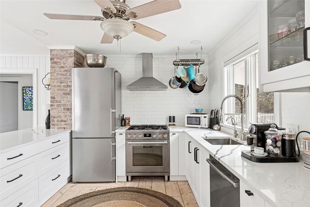 Interior, Kitchen, Stainless Steel Appliances, Stone Walls