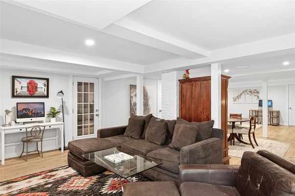 Dining room, Interior, Living room, Recessed Lighting, Wood Texture Flooring