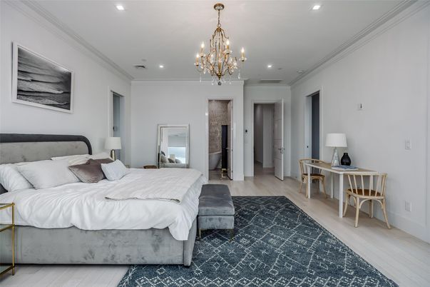 Bedroom, Chandelier, Interior, Recessed Lighting, Wood Texture Flooring