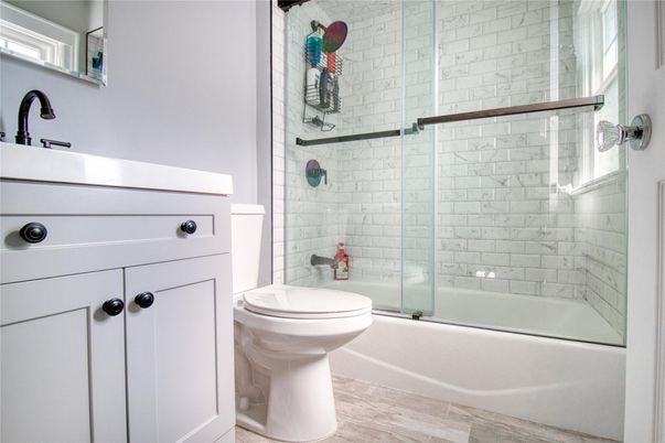 Bathroom, Glass Shower, Interior, Wood Texture Flooring