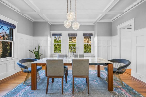 Dining room, Interior, Pendant Lights, Wood Texture Flooring