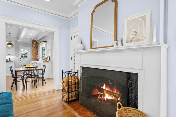 Dining room, Fireplace, Interior, Pendant Lights, Recessed Lighting, Wood Texture Flooring