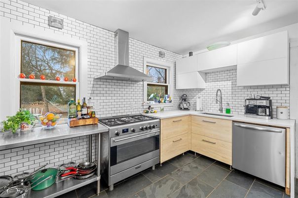 Interior, Kitchen, Stainless Steel Appliances, Stone Walls