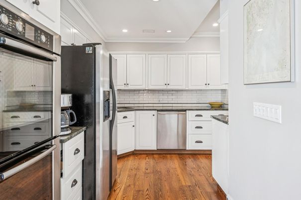 Interior, Kitchen, Recessed Lighting, Stainless Steel Appliances, Wood Texture Flooring