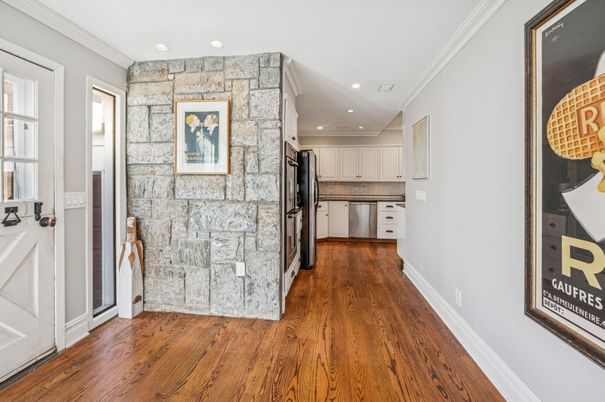 Interior, Kitchen, Recessed Lighting, Stone Walls, Wood Texture Flooring