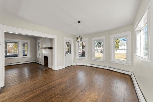 Empty room, Fireplace, Interior, Pendant Lights, Wood Texture Flooring