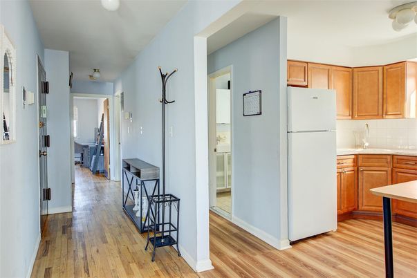 Interior, Kitchen, Tile Countertops, Wood Texture Flooring