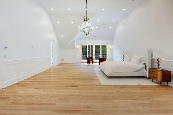 Bedroom, Chandelier, Interior, Recessed Lighting, Wood Texture Flooring