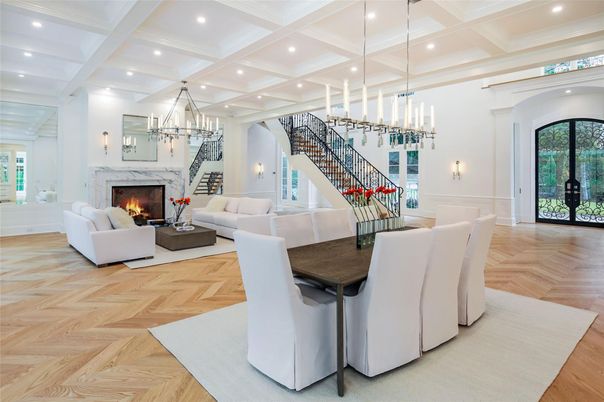 Chandelier, Fireplace, Interior, Living room, Pendant Lights, Recessed Lighting, Wood Texture Flooring
