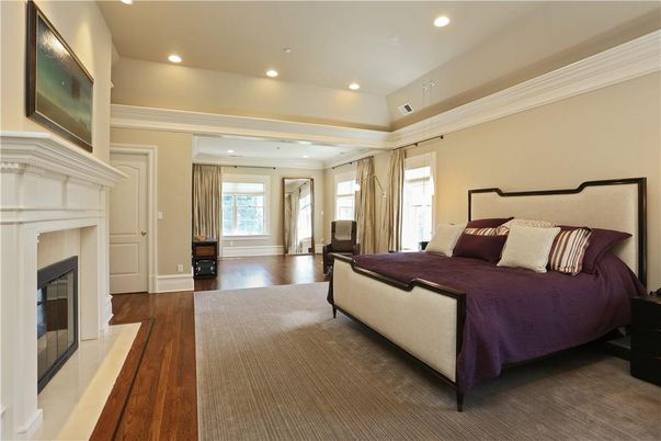 Bedroom, Fireplace, Interior, Recessed Lighting, Wood Texture Flooring