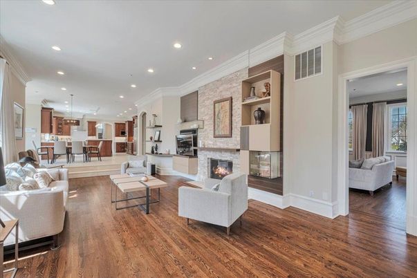 Dining room, Fireplace, Interior, Kitchen, Living room, Pendant Lights, Recessed Lighting, Stone Walls, Wood Texture Flooring