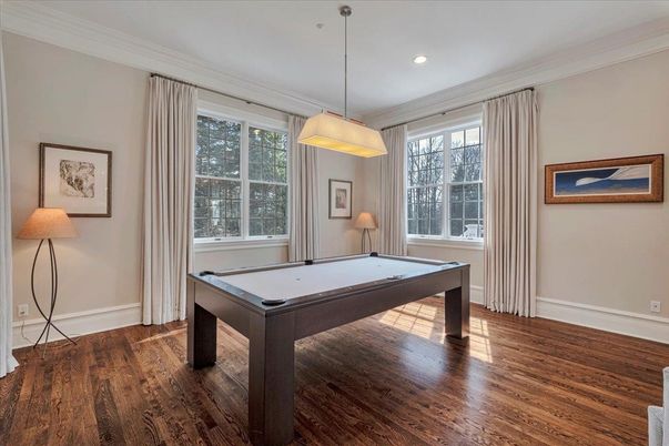 Billiard Table, Game Room, Interior, Pendant Lights, Recessed Lighting, Wood Texture Flooring