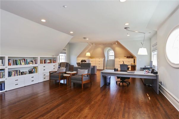 Home Office, Interior, Pendant Lights, Recessed Lighting, Wood Texture Flooring
