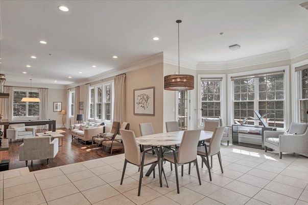 Dining room, Interior, Living room, Pendant Lights, Recessed Lighting, Wood Texture Flooring
