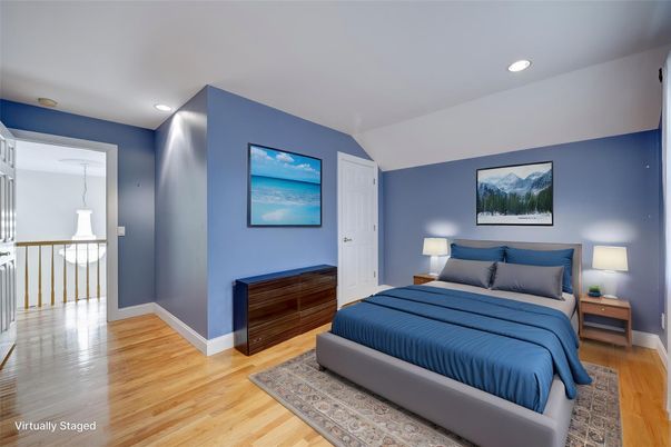 Bedroom, Interior, Pendant Lights, Recessed Lighting, Wood Texture Flooring