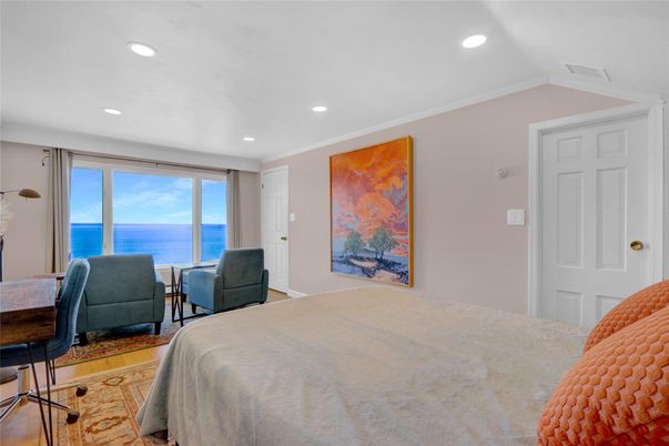 Bedroom, Interior, Recessed Lighting, Water, Wood Texture Flooring