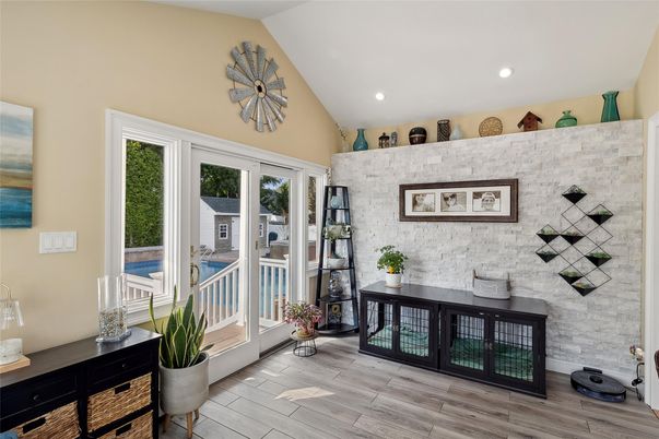Interior, Recessed Lighting, Stone Walls, Wood Texture Flooring