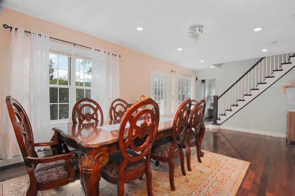 Dining room, Interior, Recessed Lighting, Wood Texture Flooring