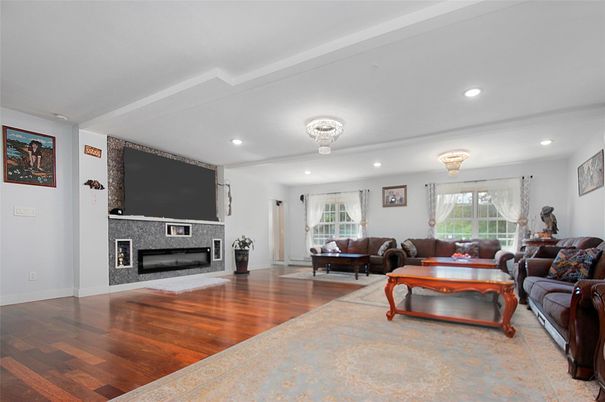 Fireplace, Interior, Living room, Recessed Lighting, Wood Texture Flooring