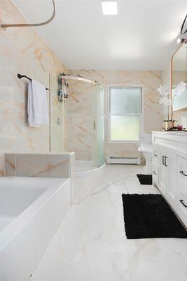 Bathroom, Glass Shower, Interior, Marble, Marble Walls, Recessed Lighting
