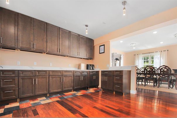 Dining room, Interior, Kitchen, Pendant Lights, Recessed Lighting, Wood Texture Flooring