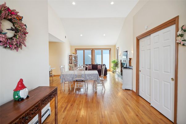 Dining room, Interior, Living room, Recessed Lighting, Wood Texture Flooring