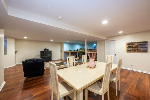 Dining room, Interior, Recessed Lighting, Wood Texture Flooring