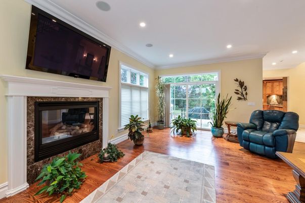 Fireplace, Interior, Recessed Lighting, Wood Texture Flooring