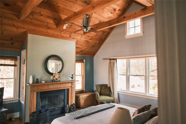Bedroom, Fireplace, Interior, Wooden Beams, Wooden Ceilings, Wood Texture Flooring
