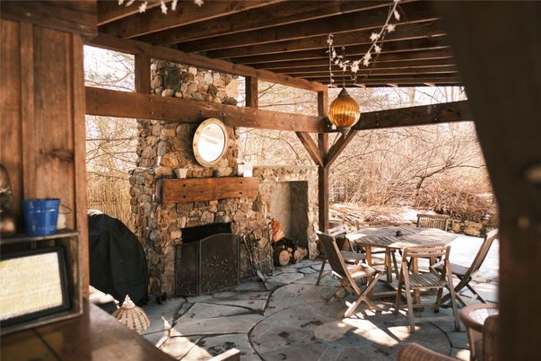Exterior, Fireplace, Pendant Lights, Wooden Beams
