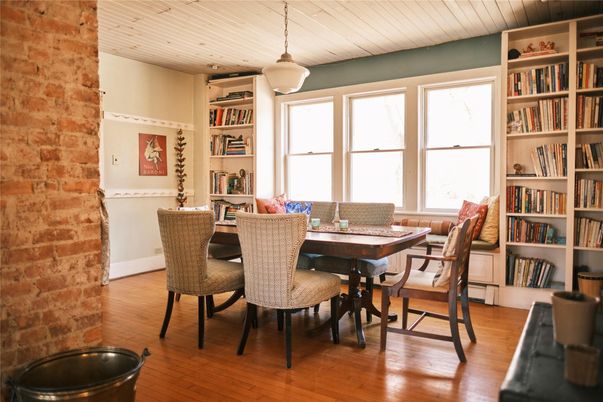 Dining room, Interior, Pendant Lights, Stone Walls, Wood Texture Flooring