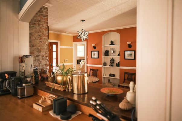 Interior, Pendant Lights, Stone Walls, Wood Texture Flooring