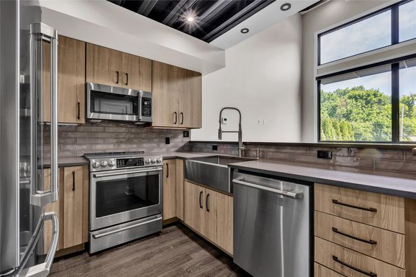 Interior, Kitchen, Recessed Lighting, Stainless Steel Appliances, Wood Texture Flooring