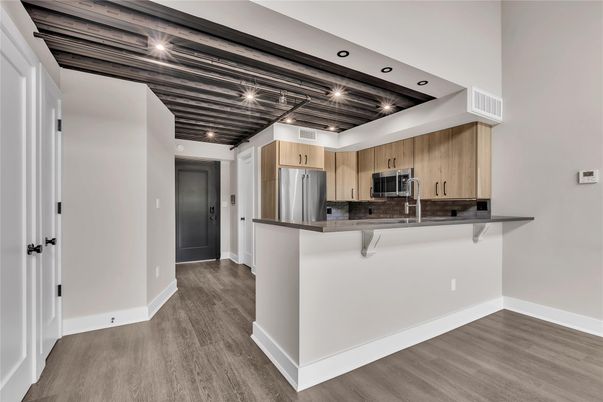Interior, Kitchen, Recessed Lighting, Stainless Steel Appliances, Wood Texture Flooring