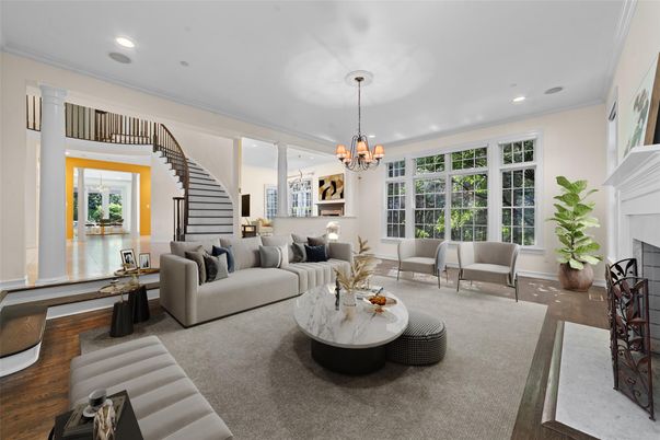 Chandelier, Dining room, Fireplace, Interior, Living room, Recessed Lighting, Wood Texture Flooring