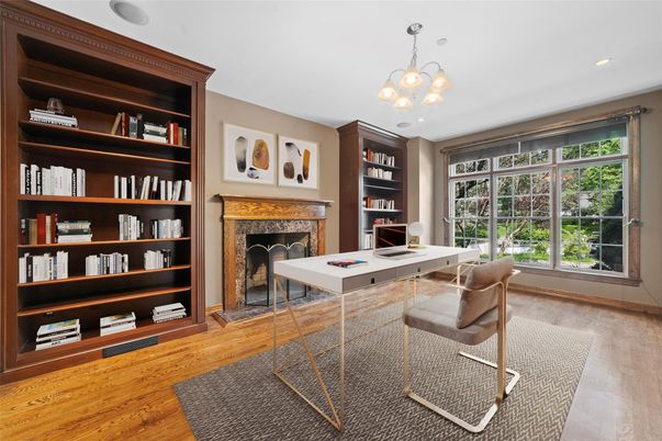 Chandelier, Fireplace, Home Office, Interior, Pendant Lights, Recessed Lighting, Wood Texture Flooring