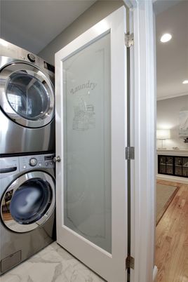 Interior, Marble, Recessed Lighting, Utility Closets, Washer, Wood Texture Flooring