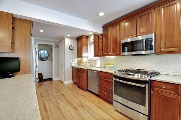 Interior, Kitchen, Recessed Lighting, Stainless Steel Appliances, Wood Texture Flooring