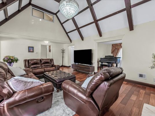 Chandelier, Interior, Living room, Piano, Wooden Beams, Wood Texture Flooring