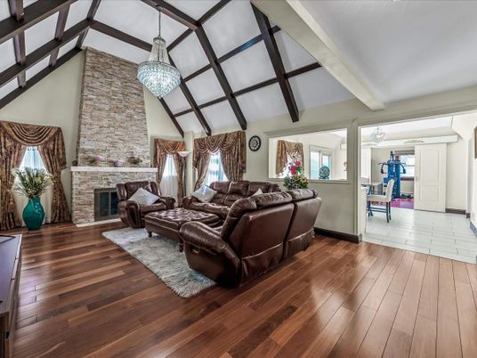 Fireplace, Interior, Living room, Pendant Lights, Stone Walls, Wooden Beams, Wood Texture Flooring