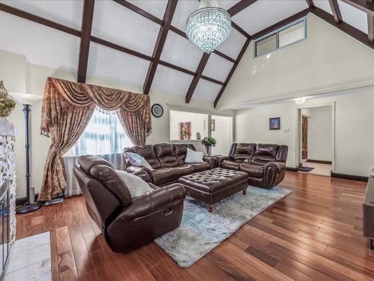 Chandelier, Interior, Living room, Wooden Beams, Wood Texture Flooring