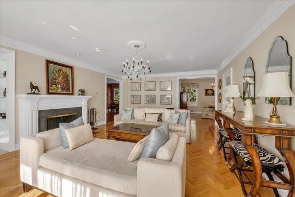 Chandelier, Fireplace, Interior, Living room, Recessed Lighting, Wood Texture Flooring