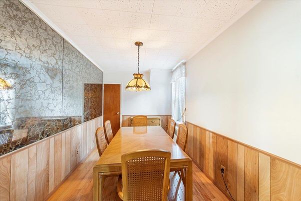 Dining room, Interior, Pendant Lights, Wood Texture Flooring