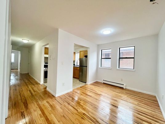 Empty room, Interior, Kitchen, Stainless Steel Appliances, Wood Texture Flooring